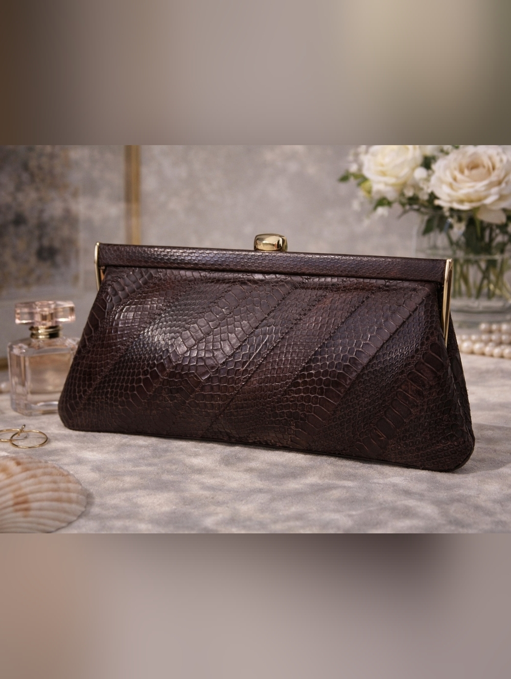 Vintage Brown Snakeskin Clutch Genuine Leather Envelope Bag Classic Evening